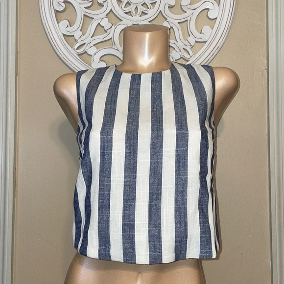 JOA Anthropologie womens blouse small 4 6 top open back blue cream stripe nwt - Picture 1 of 6